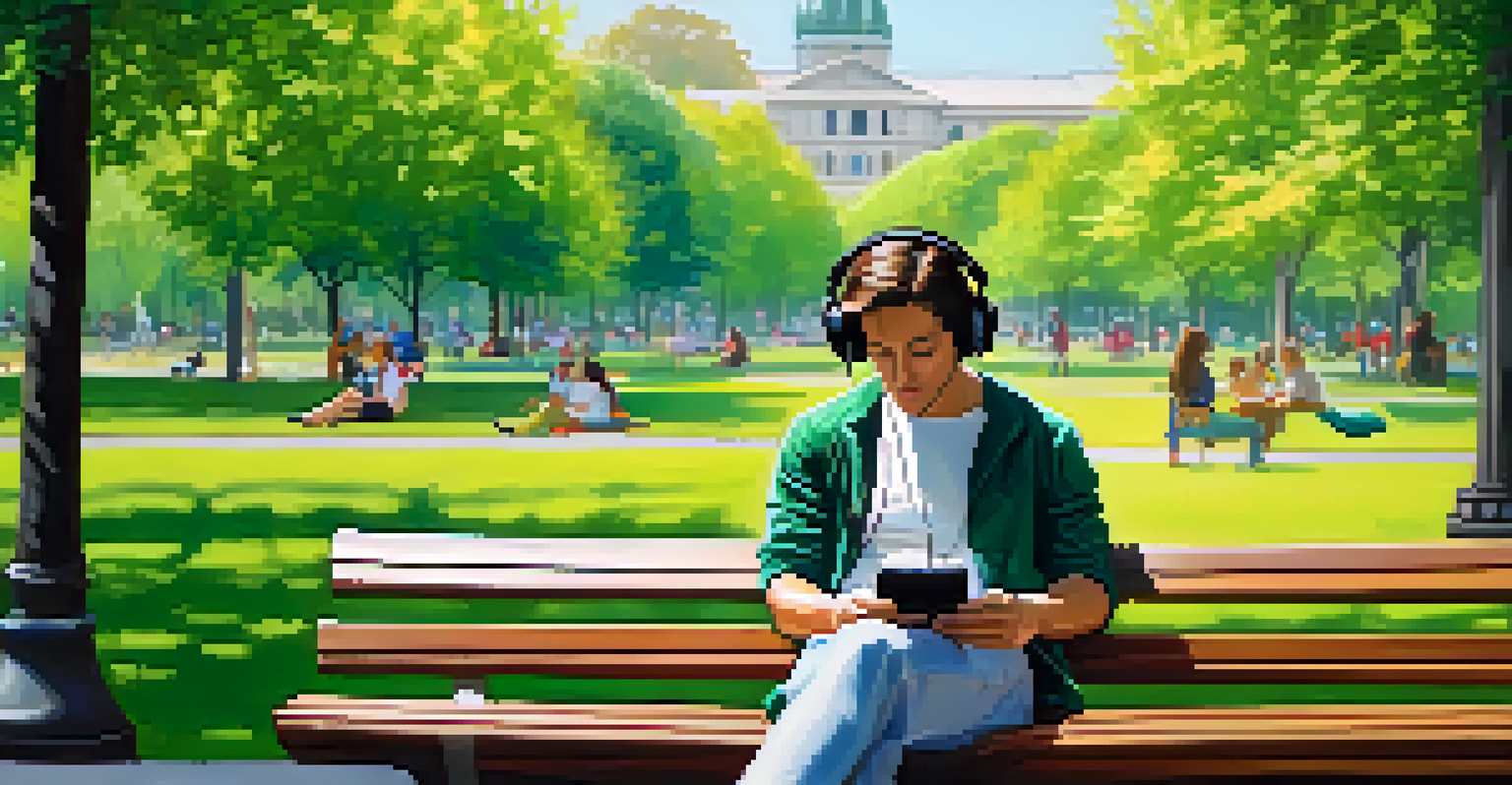A person sitting on a park bench with headphones, listening to a podcast on their smartphone, surrounded by a lush green park with colorful flowers.