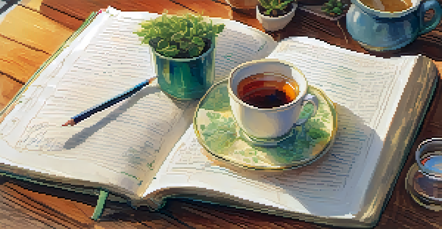 An open journal filled with sketches and notes next to a cup of tea, with a view of a garden outside.