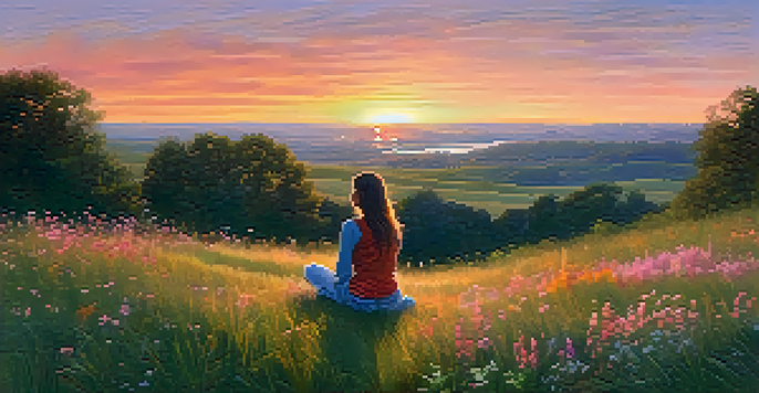 A person seated on a grassy hill during sunset, surrounded by wildflowers, deep in thought.