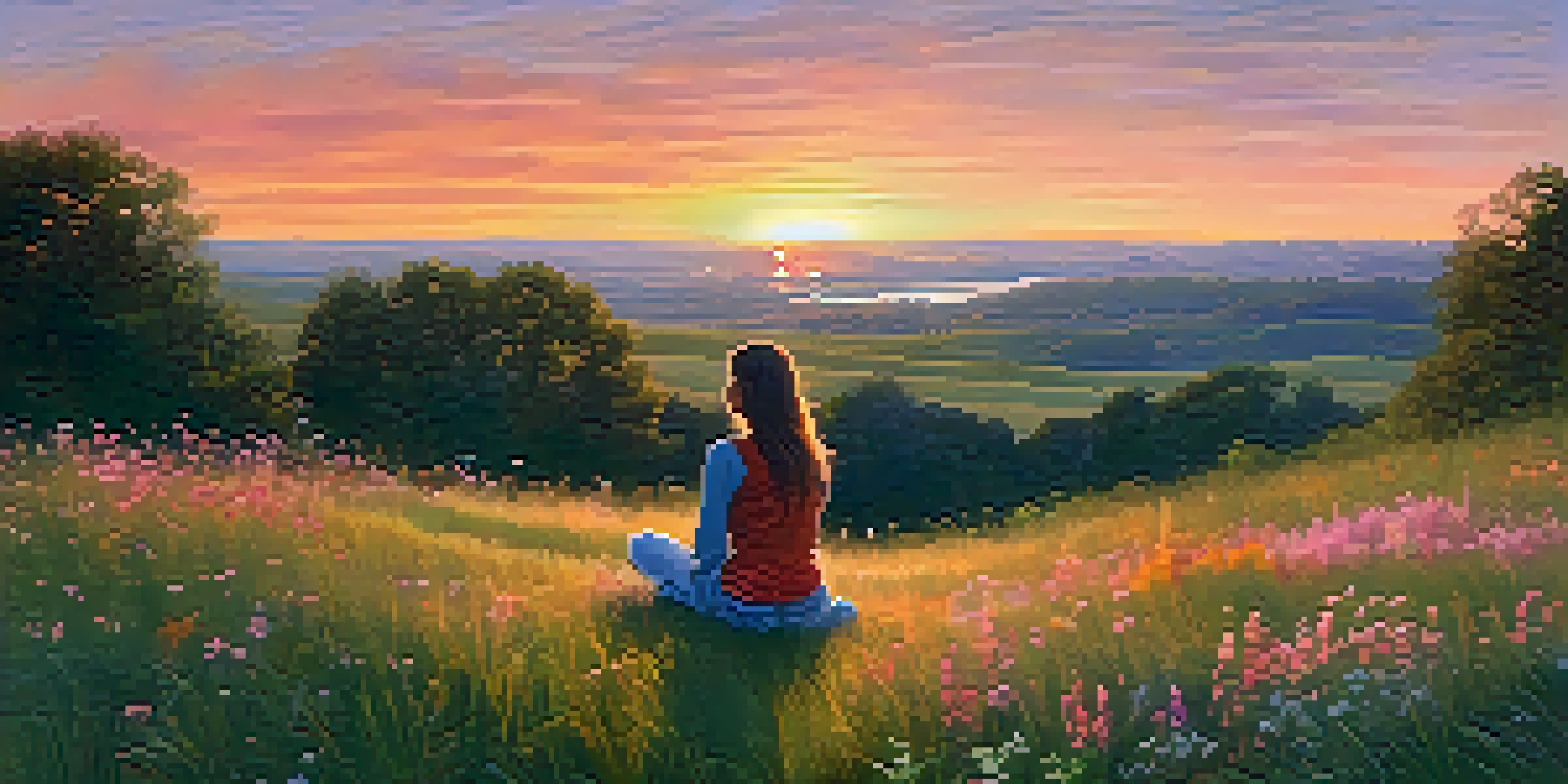 A person seated on a grassy hill during sunset, surrounded by wildflowers, deep in thought.
