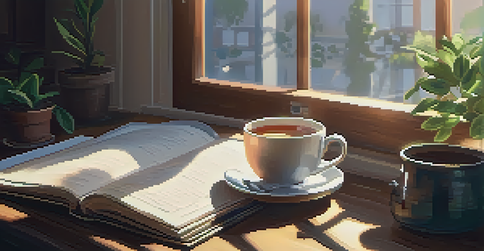 A cozy workspace with a wooden desk, an open journal, a cup of tea, sunlight streaming through the window, framed motivational quotes on the wall, and a potted plant.