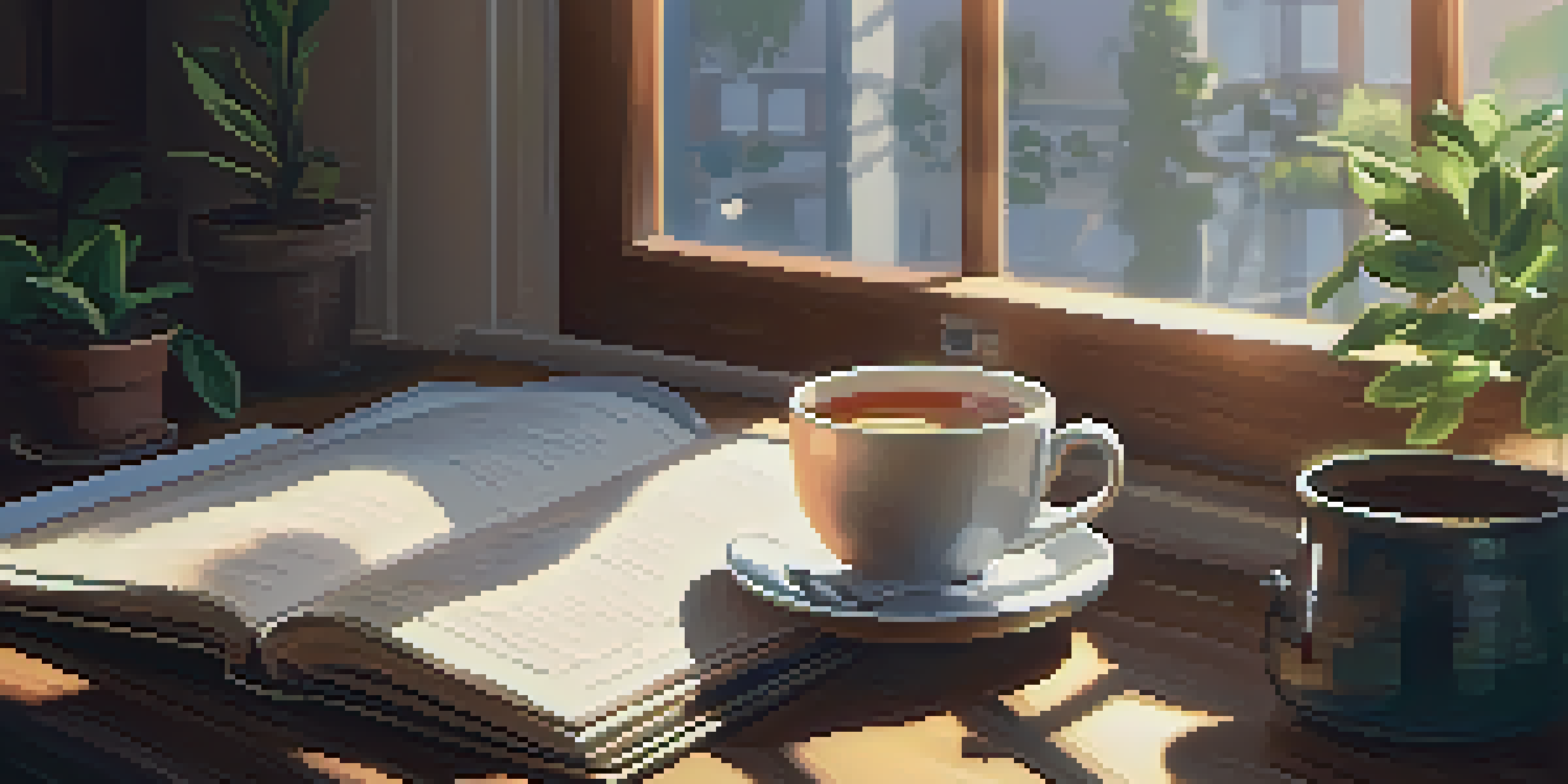 A cozy workspace with a wooden desk, an open journal, a cup of tea, sunlight streaming through the window, framed motivational quotes on the wall, and a potted plant.