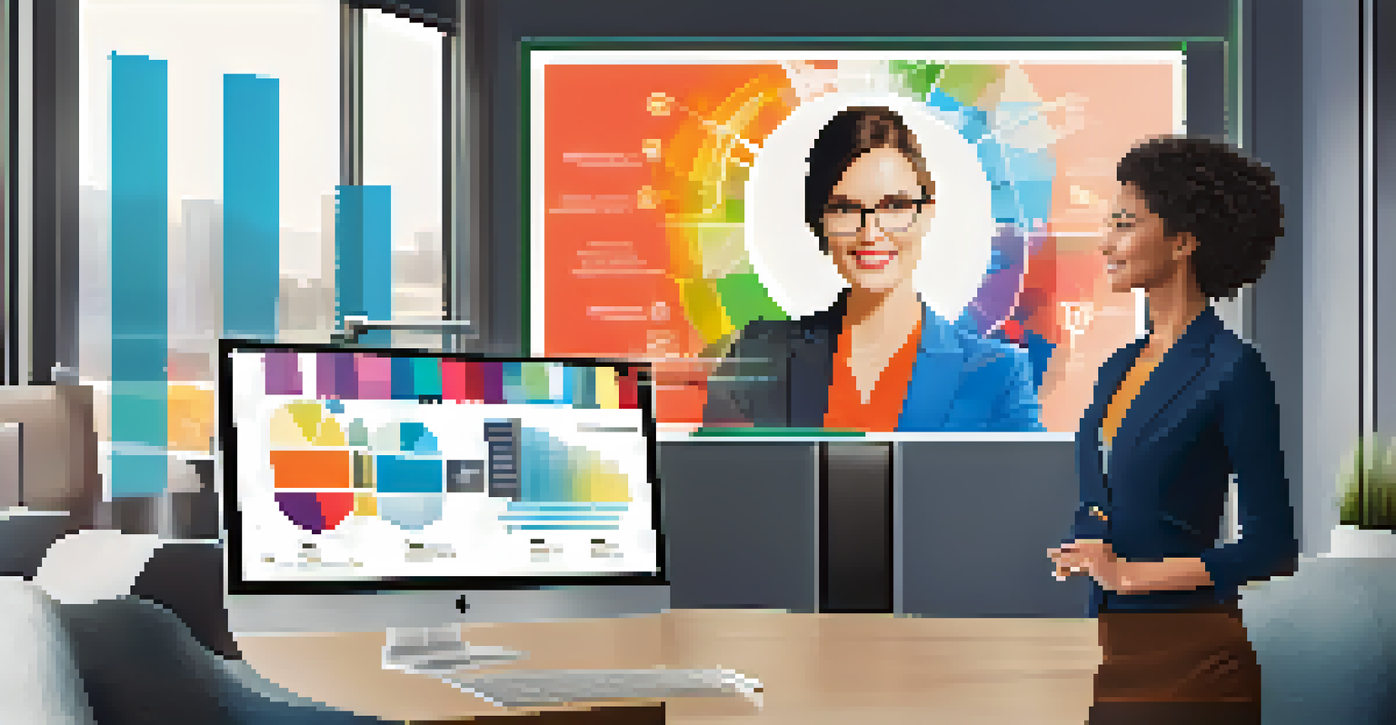 A confident female leader presenting innovative ideas on a digital screen in a modern office, with graphs and concepts visible.