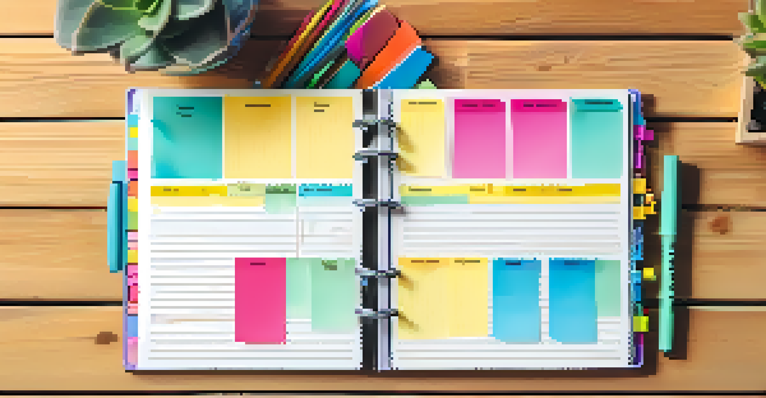 An overhead shot of a weekly planner with colorful sticky notes, pens, and a succulent, bathed in warm sunlight.