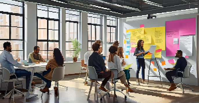 A group of diverse professionals standing in a well-lit room discussing tasks during a daily stand-up meeting, with a colorful whiteboard in the background.