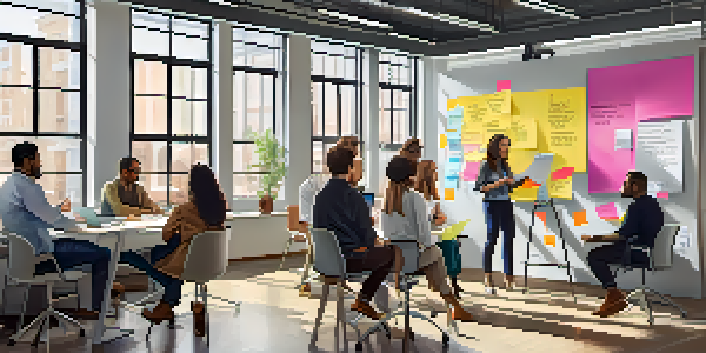 A group of diverse professionals standing in a well-lit room discussing tasks during a daily stand-up meeting, with a colorful whiteboard in the background.