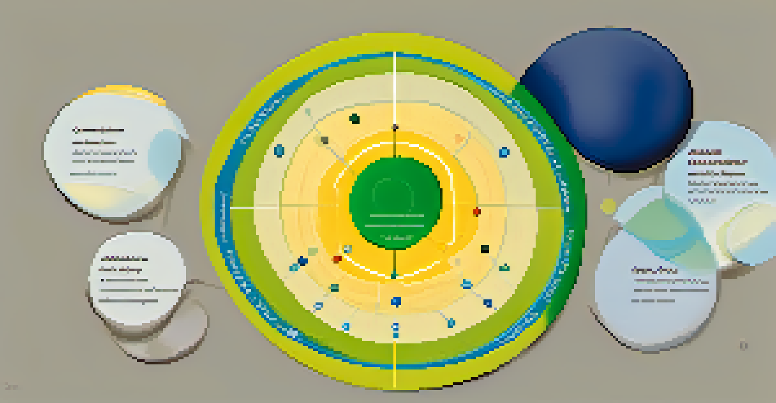 Five interconnected circles showing different colors and icons that represent the stages of the Transtheoretical Model of Behavior Change.