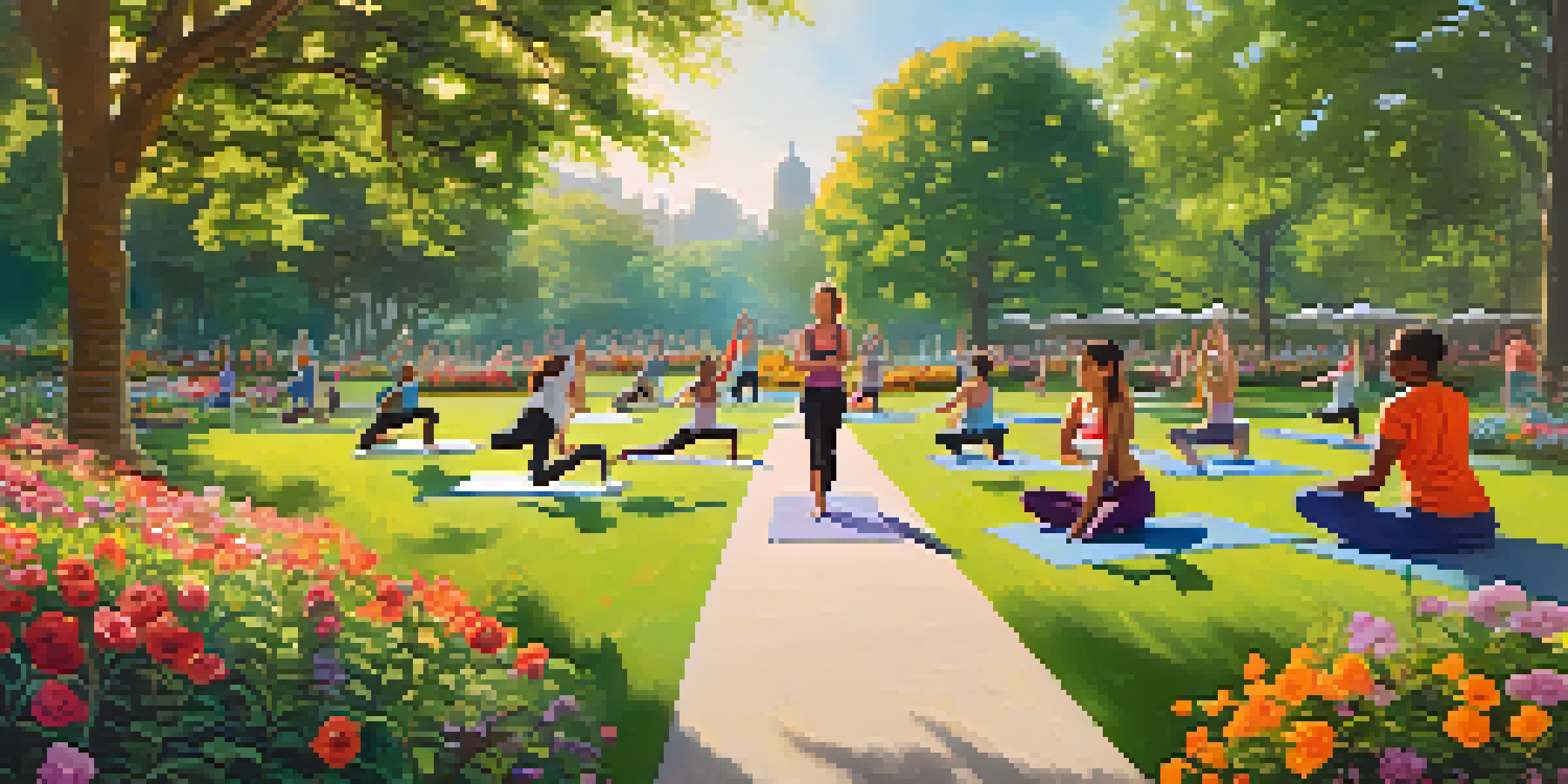 A diverse group of people exercising in a sunny park, practicing yoga, jogging, and cycling among greenery and flowers.