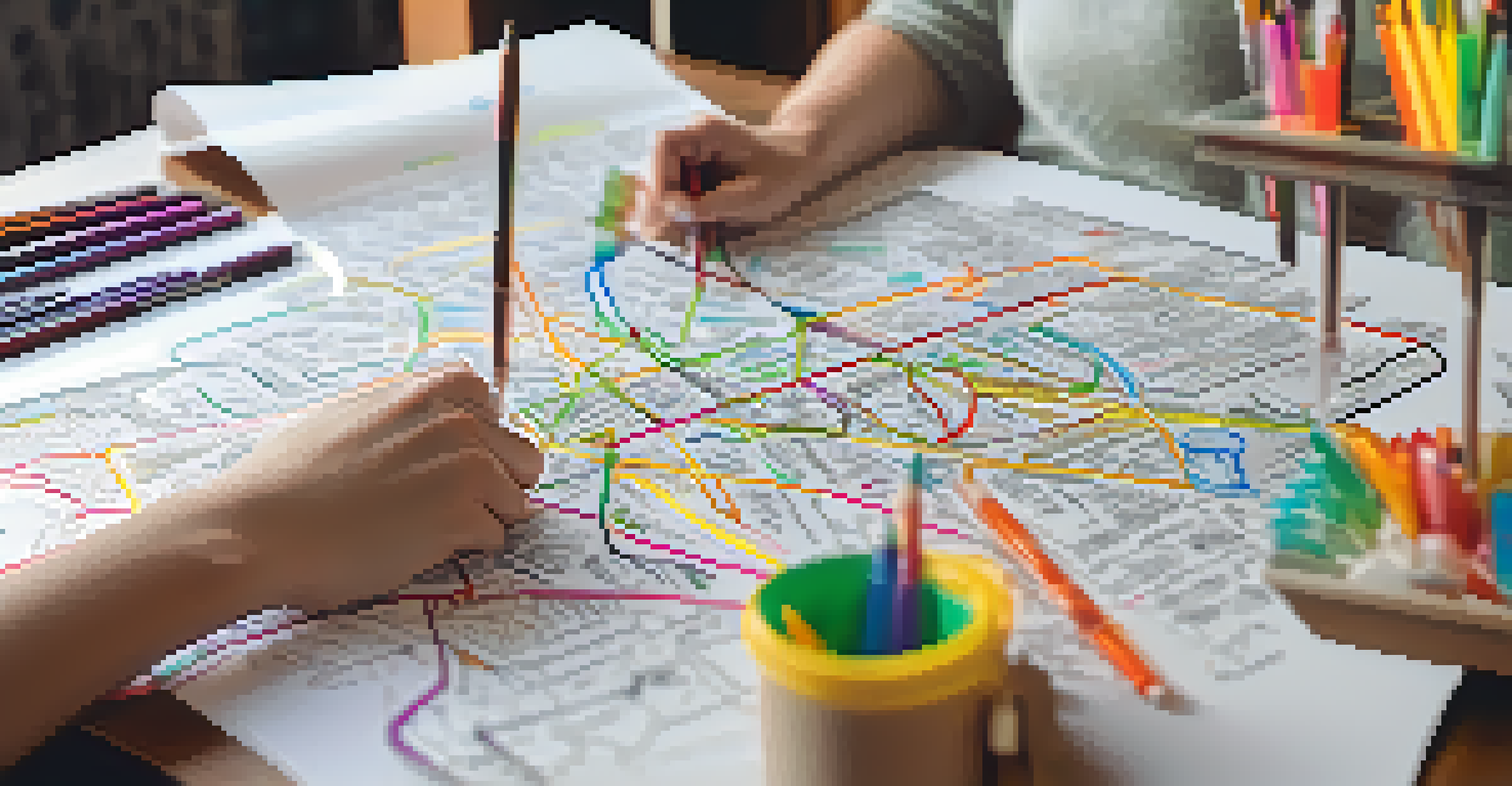 A close-up of a hand drawing a life map on paper with colorful pens, illustrating personal reflections.