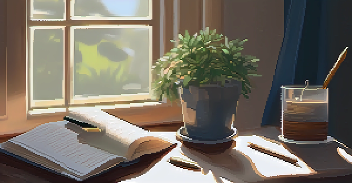 A cozy desk setup for journaling with an open journal, a fountain pen, and a flickering candle in soft light.