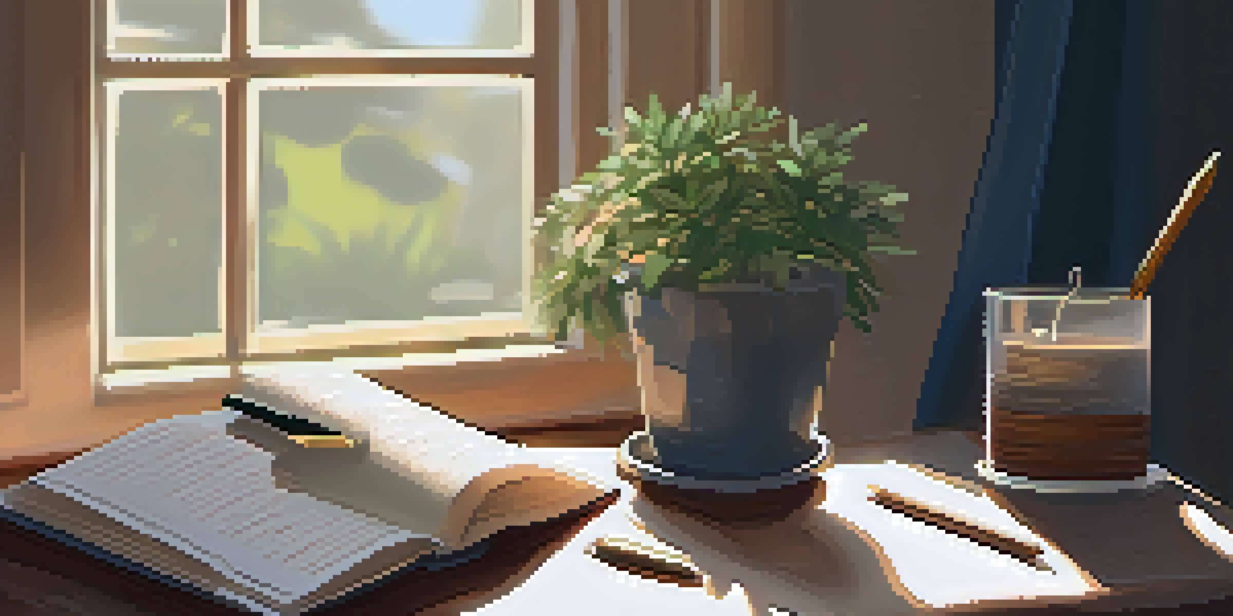 A cozy desk setup for journaling with an open journal, a fountain pen, and a flickering candle in soft light.