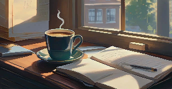 A cozy workspace with a wooden desk, a cup of coffee, and an open journal under soft lighting.