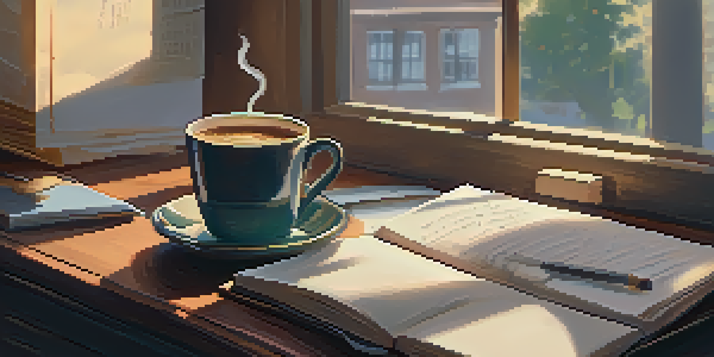 A cozy workspace with a wooden desk, a cup of coffee, and an open journal under soft lighting.