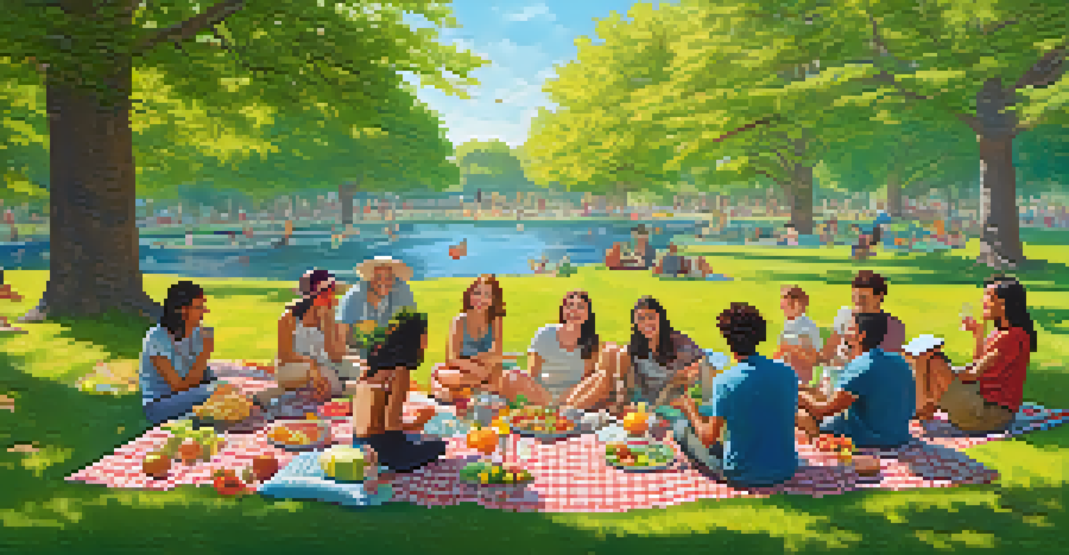 A group of friends enjoying a supportive outdoor gathering in a park filled with flowers and greenery.