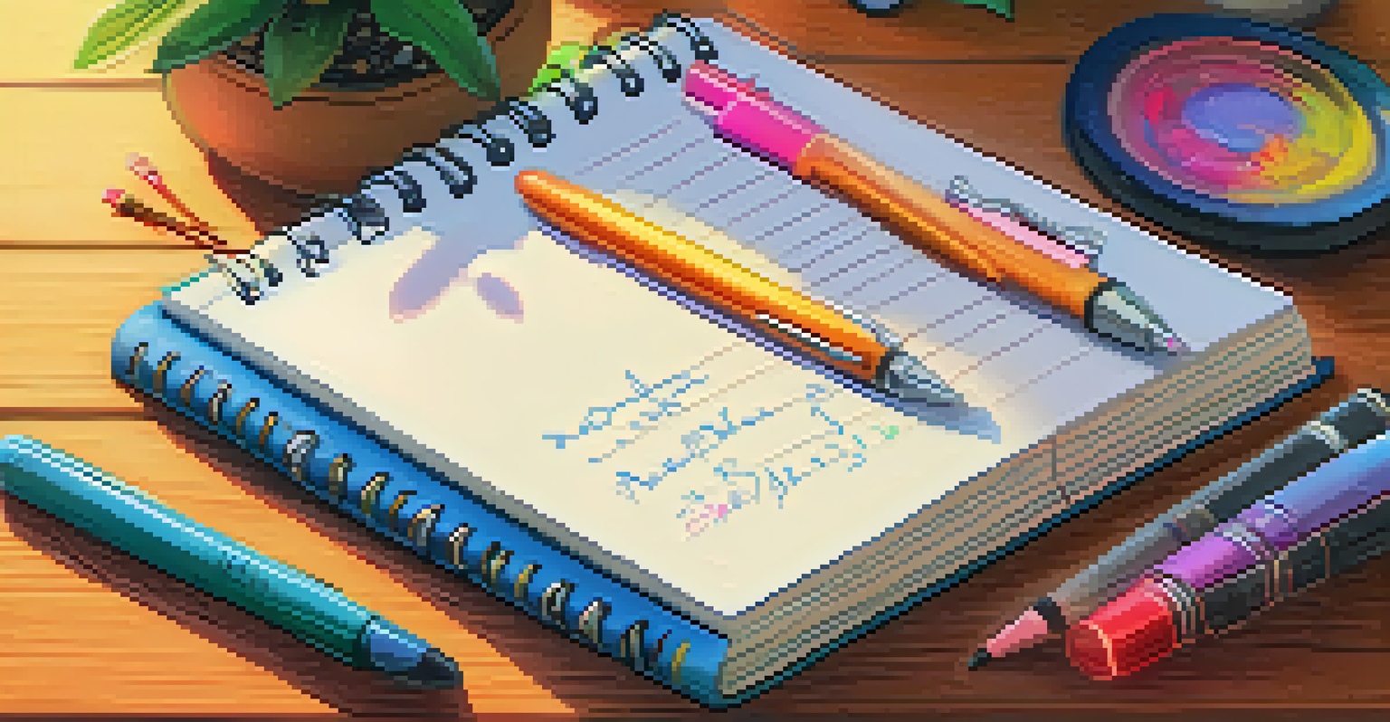 An open notebook filled with handwritten notes and colorful pens on a wooden table, with a background plant and warm lighting.