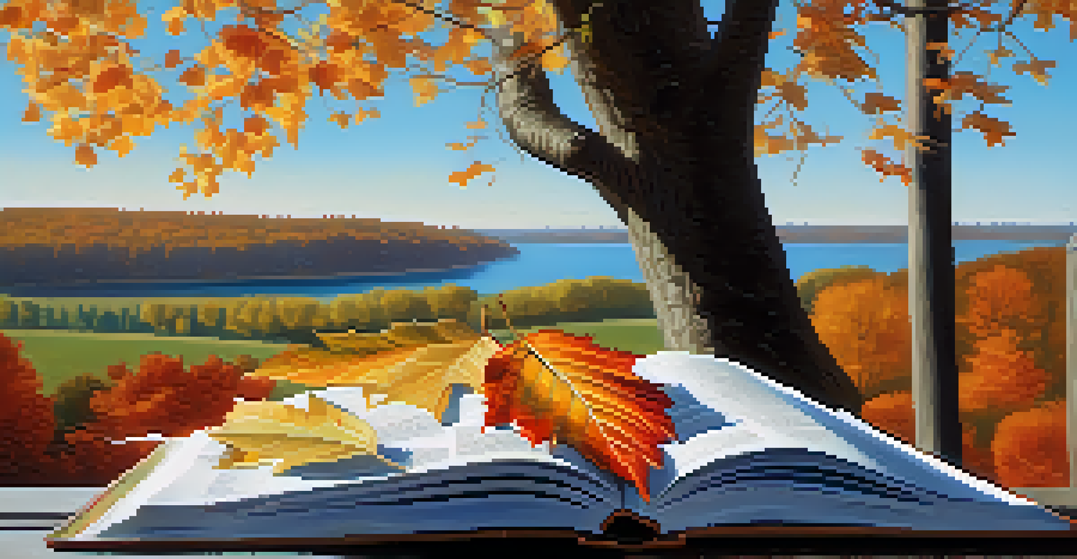 A tree shedding leaves in autumn with an open journal on a bench.