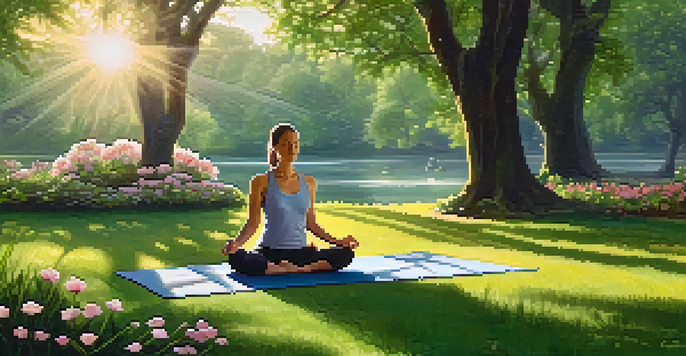 A person meditating in a green park filled with flowers and trees.