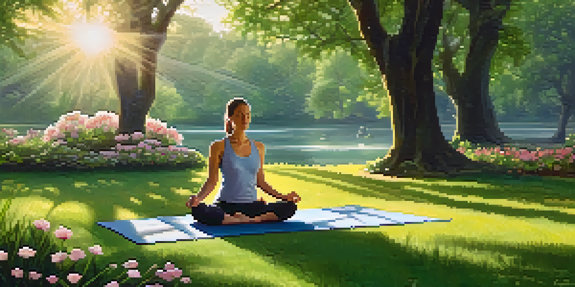 A person meditating in a green park filled with flowers and trees.