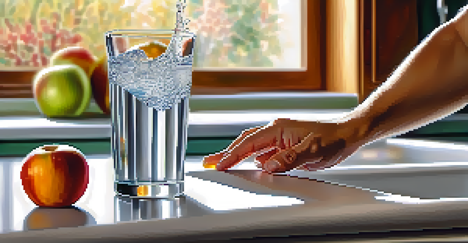 A hand reaching for a glass of water on a kitchen counter, with a fruit bowl in the background.