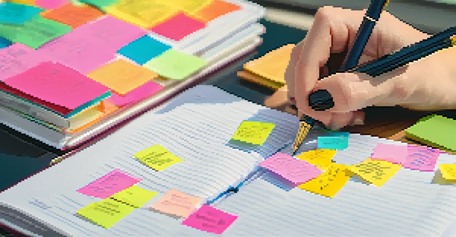 A close-up of a hand writing in a planner with a fountain pen, surrounded by motivational quotes and colorful sticky notes.