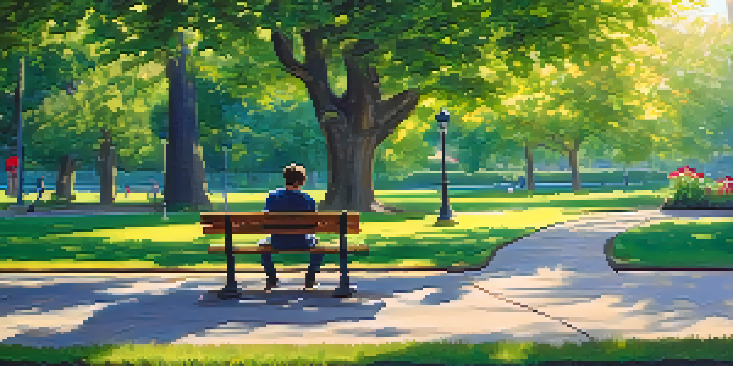 A young adult sitting on a bench in a park, writing in a journal, surrounded by green trees and colorful flowers under soft sunlight.