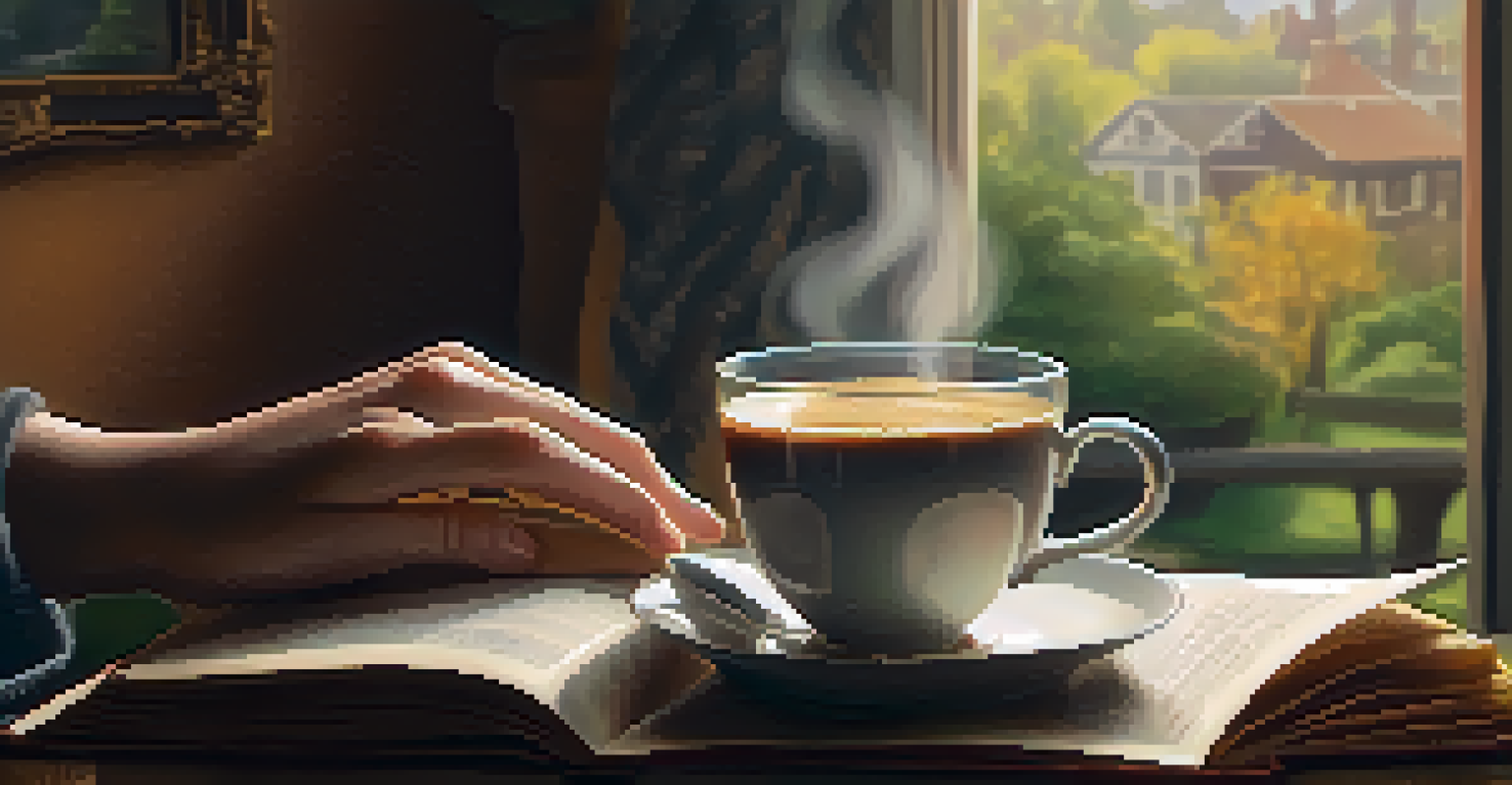 Close-up of hands holding a steaming cup of coffee in a cozy living room with a book and a garden view in the background.
