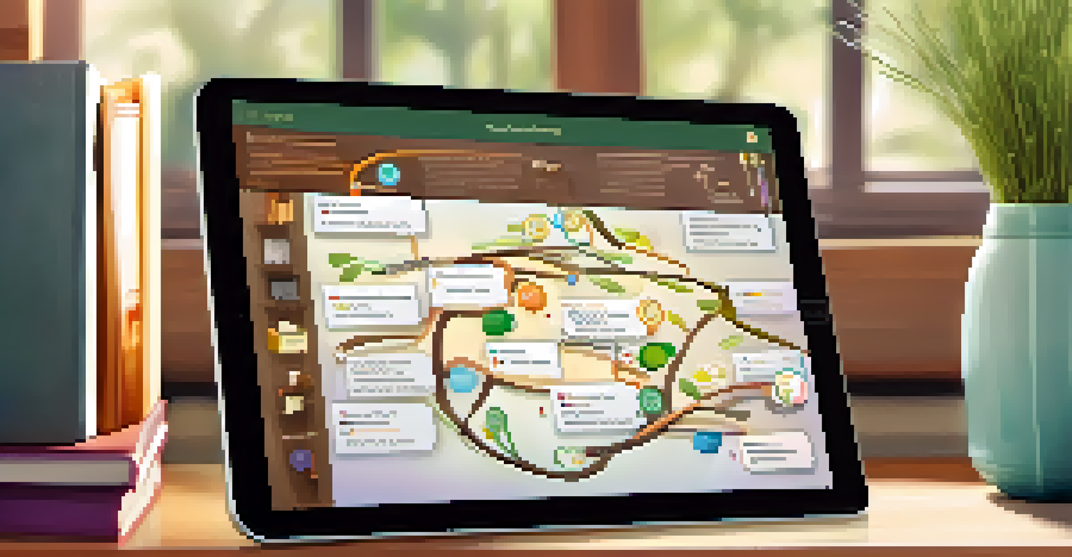 A close-up of a digital mind map displayed on a tablet, illustrating colorful branches and icons in a cozy study.