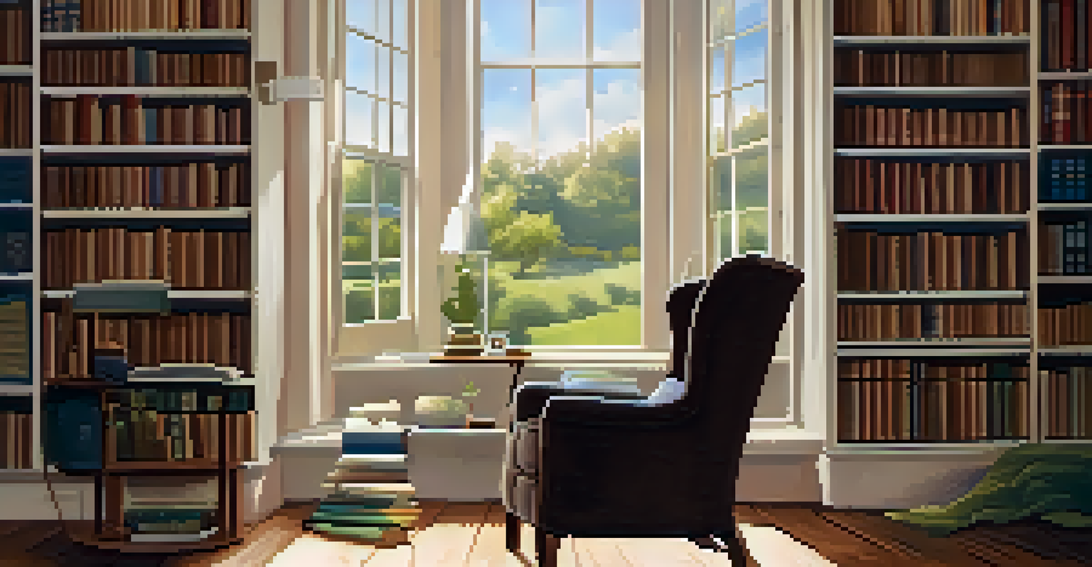 A cozy reading nook with an armchair, bookshelves, and a table with tea and a notebook.