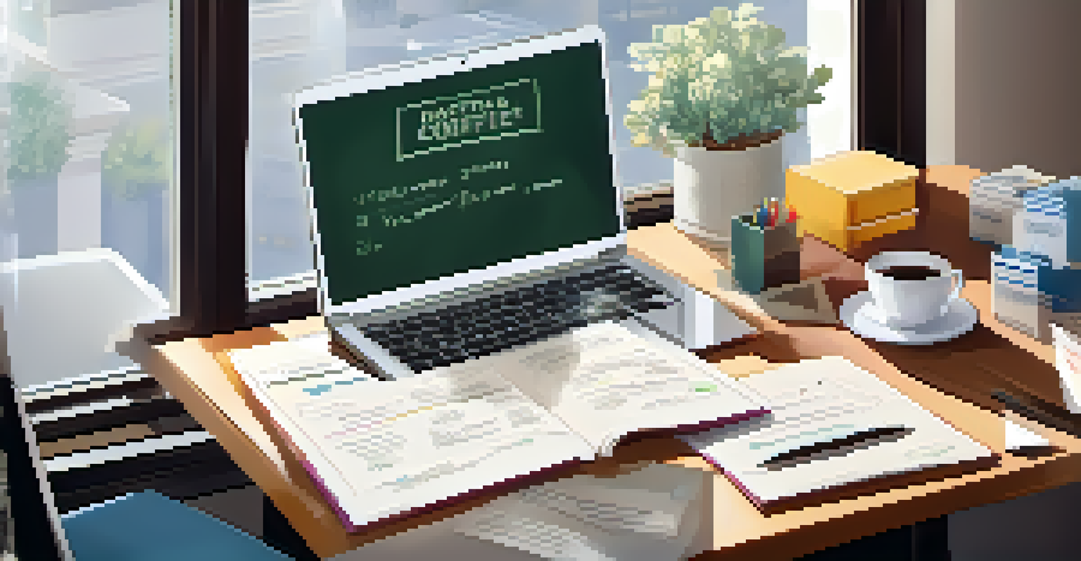 An organized desk with an action plan, stationery, a coffee cup, and a laptop, illuminated by soft natural light.