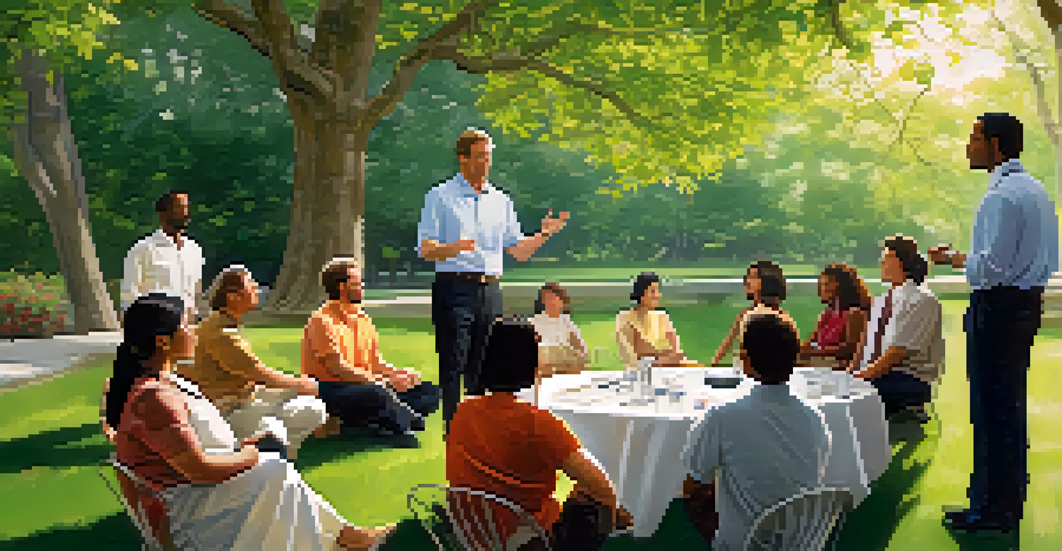 A transformational leader speaking to an engaged team in a lush outdoor park setting.