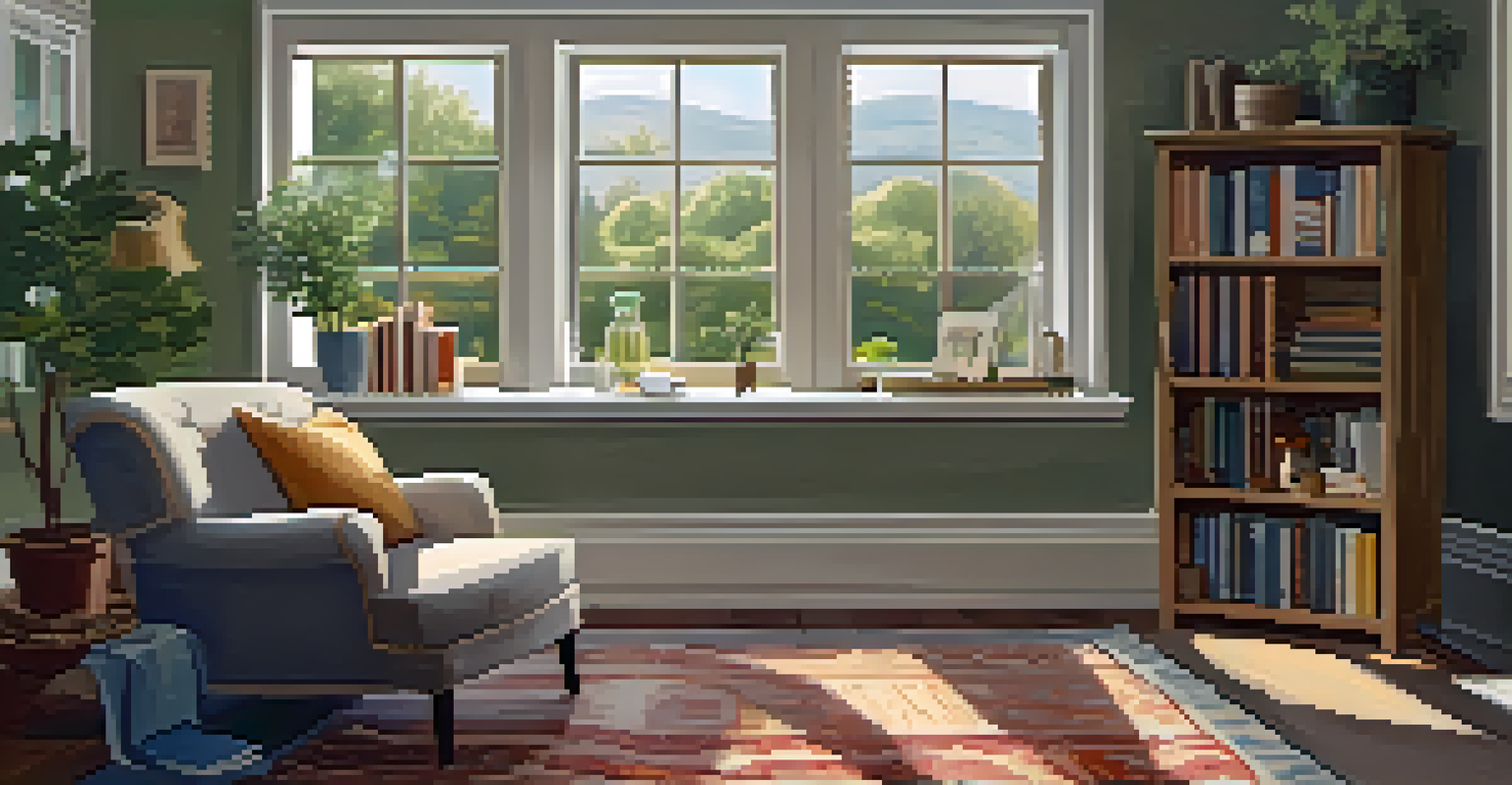 A cozy reading nook with an armchair, bookshelf, and a window view of a garden, with a cup of tea on a side table.