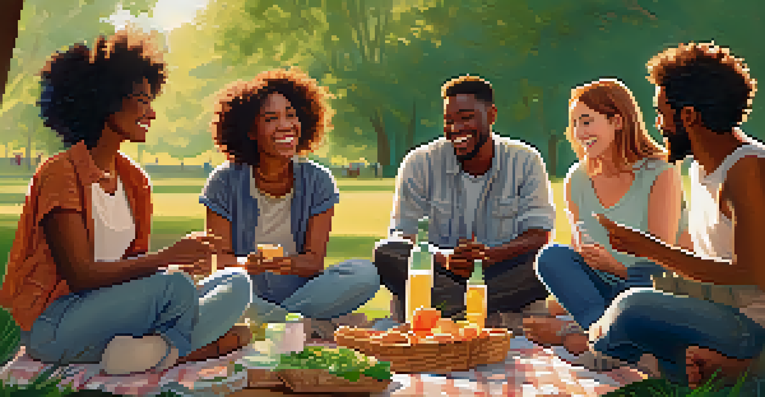 A group of friends sharing encouraging words and laughter in a park, surrounded by greenery and sunlight.