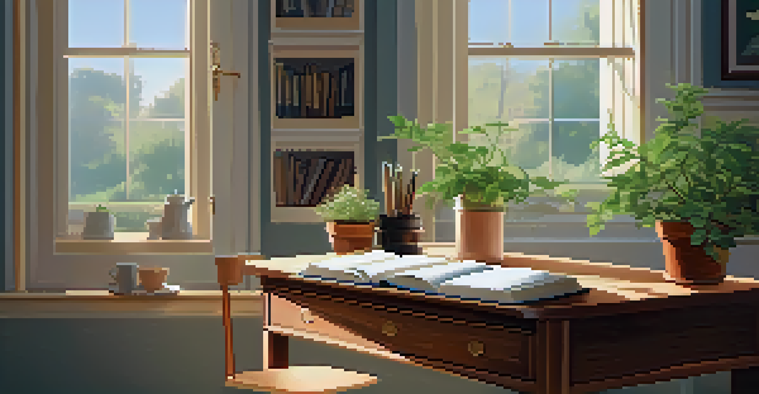 A calm workspace with a wooden desk, an open journal, a cup of tea, and a potted plant, illuminated by soft morning light.