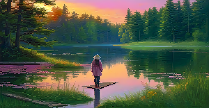 A person standing by a calm lake at sunset, reflecting on their goals, with vibrant colors in the sky and surrounding nature.