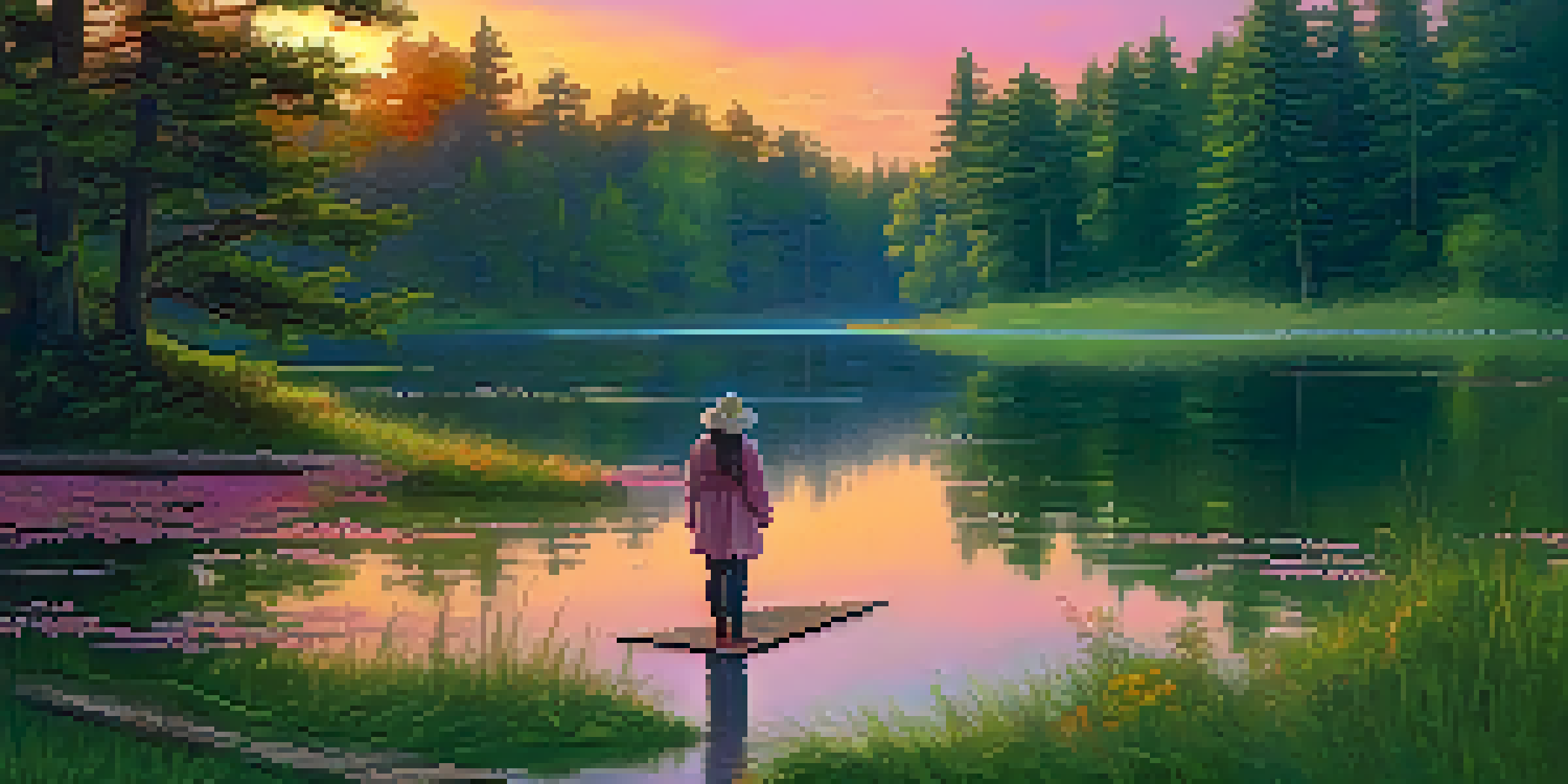 A person standing by a calm lake at sunset, reflecting on their goals, with vibrant colors in the sky and surrounding nature.