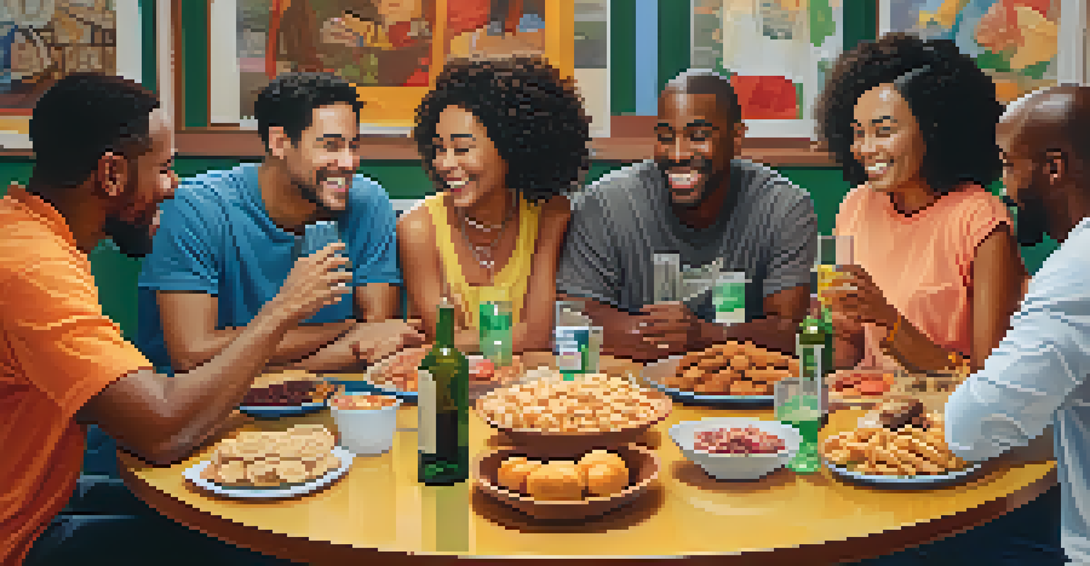 A diverse group of friends having a lively conversation at a circular table with snacks, showing warmth and connection.