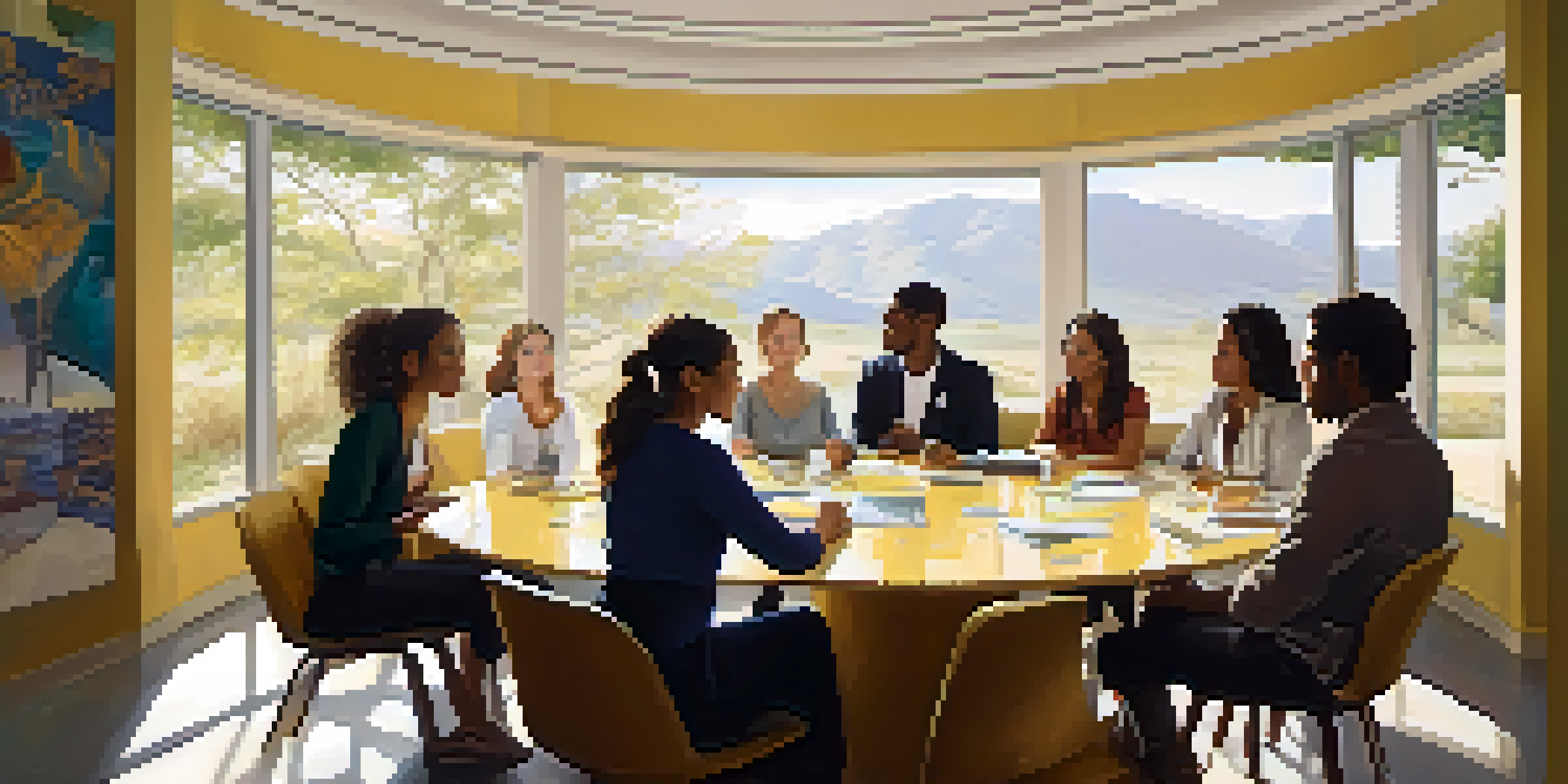 A diverse group of people engaged in a deep conversation around a circular table in a sunny room, showing expressions of empathy and understanding.