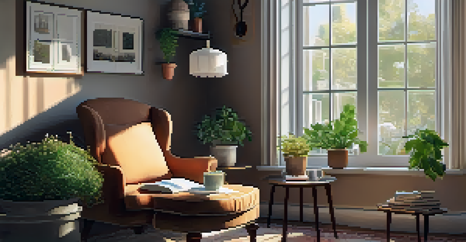 A comfortable reading nook with an armchair, tea, and an open book by a sunny window.