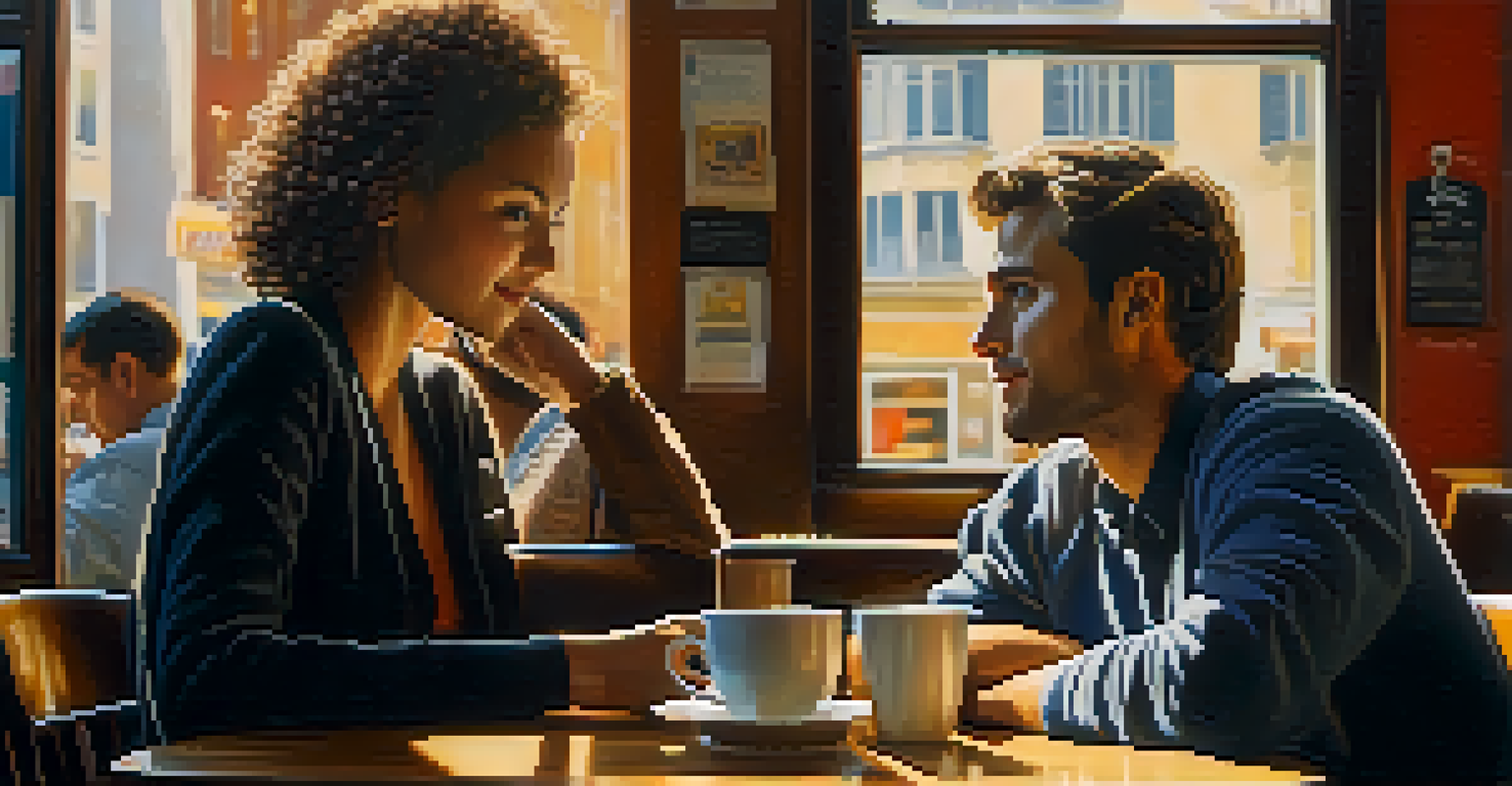 Two people engaged in deep conversation at a café table, showcasing active listening and an intimate atmosphere.