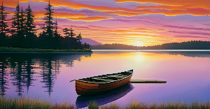 A peaceful sunset over a tranquil lake with colorful reflections and silhouettes of trees.