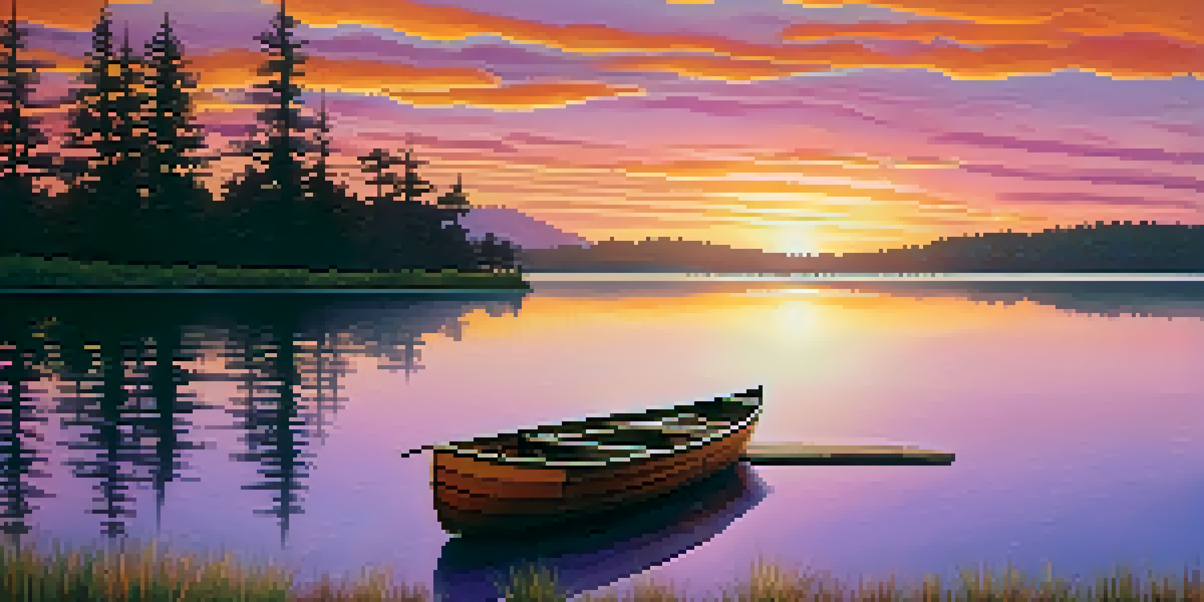 A peaceful sunset over a tranquil lake with colorful reflections and silhouettes of trees.