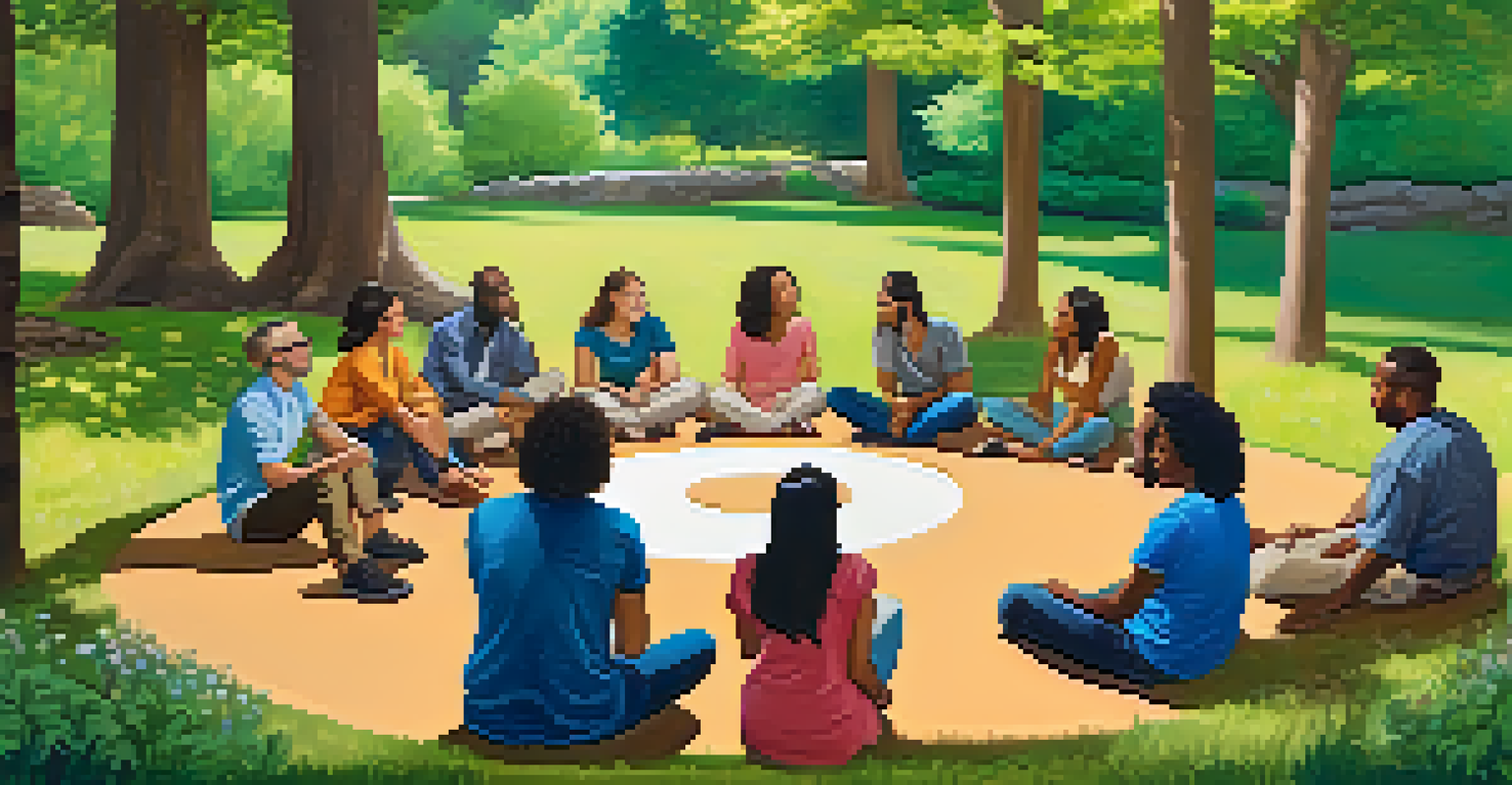 A diverse group of people discussing ideas in a circle outdoors, surrounded by nature.