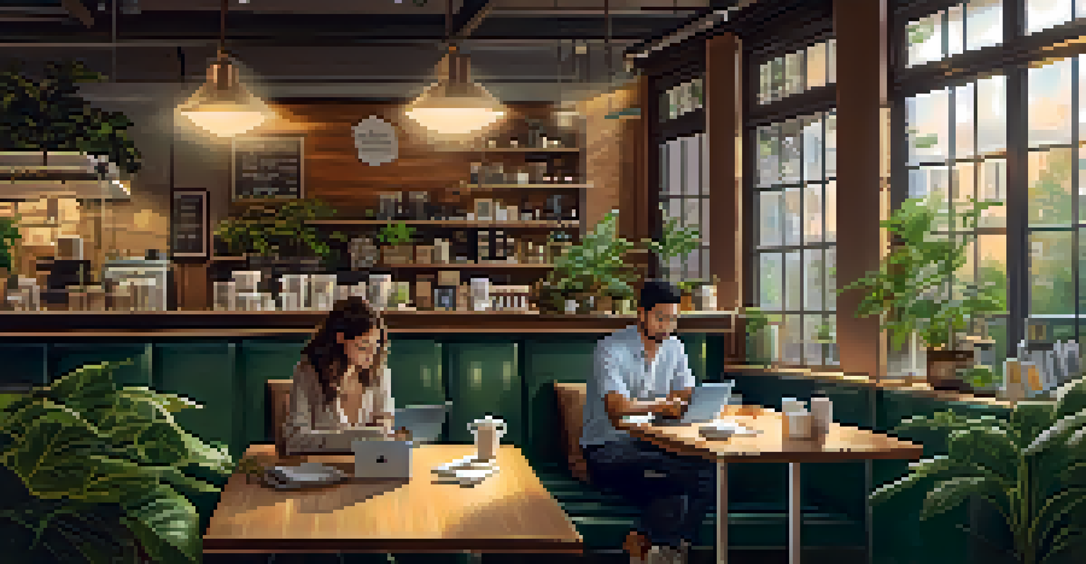 Two professionals engaged in a focused conversation in a cozy coffee shop, with laptops and notebooks on the table.