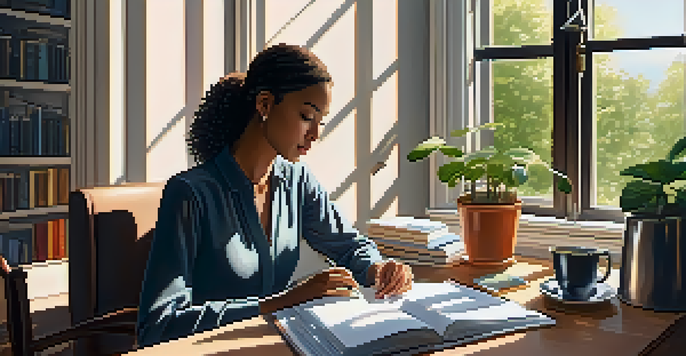 A person working at a desk with a laptop, books, and a cup of coffee, illuminated by sunlight.