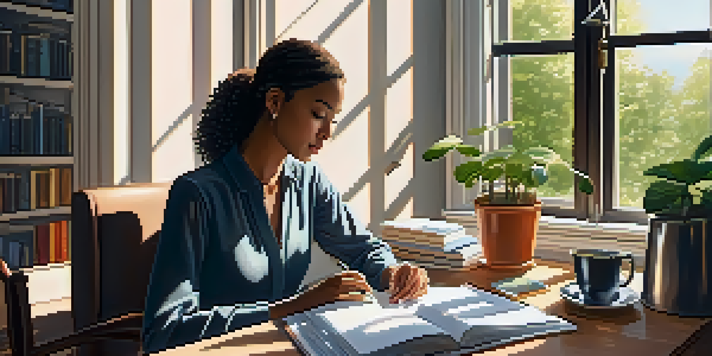 A person working at a desk with a laptop, books, and a cup of coffee, illuminated by sunlight.
