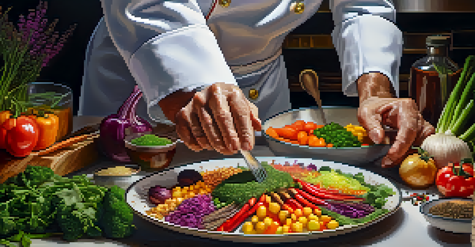 A close-up of a chef's hands preparing a colorful dish with fresh ingredients on the countertop.