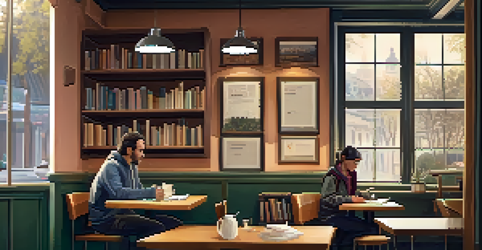 A young man and woman having a focused mentorship conversation in a cozy coffee shop, surrounded by books.