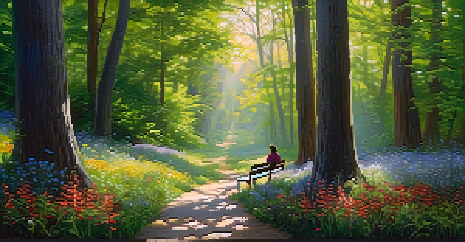 A peaceful forest path with wildflowers and greenery, where a person sits on a bench, enjoying the tranquility of nature.