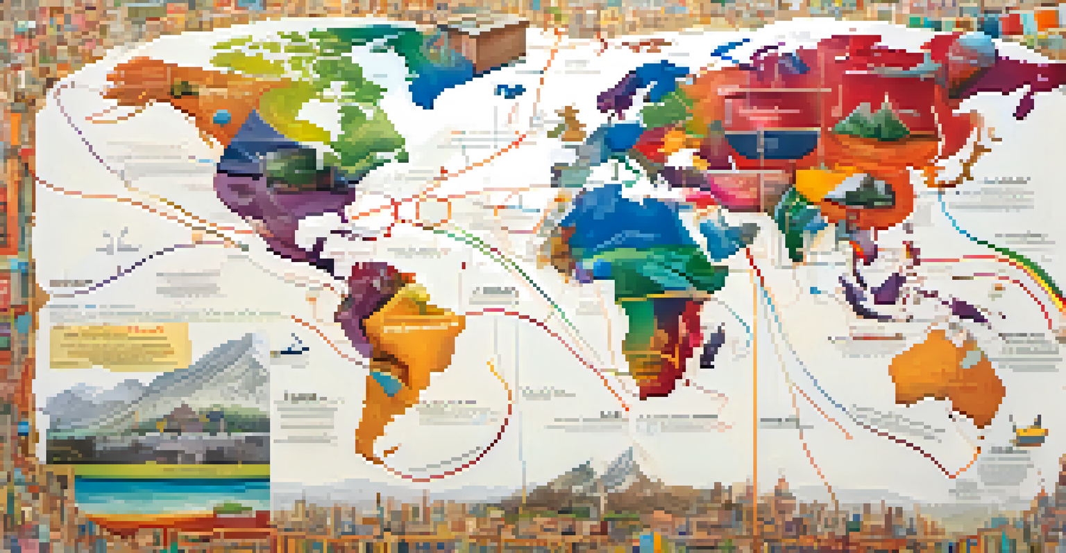 A colorful life map illustrating significant events and goals, connected by lines on a textured canvas background.