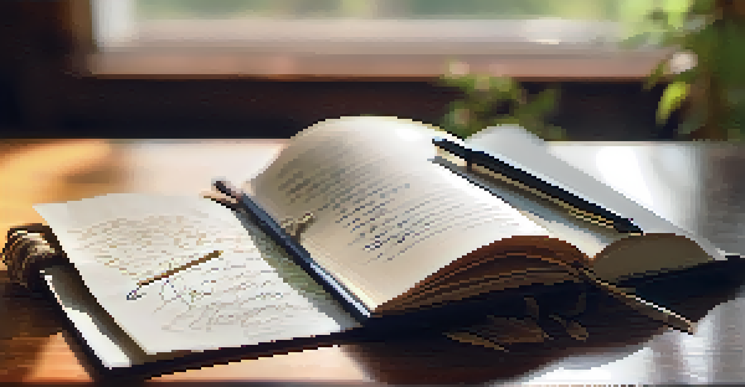 An open journal with handwritten notes and a cup of tea on a wooden table.